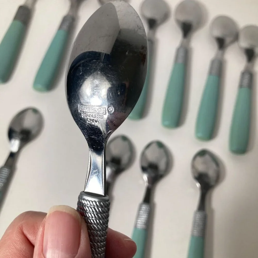 Vintage Cambridge Dinner Spoons Green Stainless Flatware Plastic Handle 7 TBS, 5